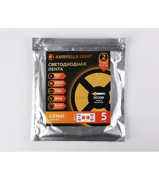 Светодиодная лента Ambrella light GS1901 5050 30Led/ 7.2W m/ 12V IP65 3000K/ 5000*10*2.87mm (2 конт.)