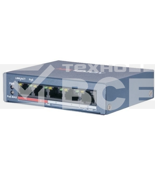 Коммутатор Hikvision DS-3E0105P-E/M(B) 4 RJ45 100M PoE с грозозащитой 6кВ; 1 Uplink порт 100М Ethernet: бюджет PoE 35Вт; поддерживают режим передачи до 250м; таблица MAC адресов на 1000 записей;