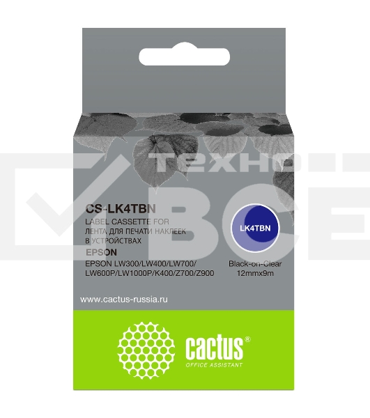 Картридж ленточный Cactus CS-LK4TBN черный, 12 мм, 9 м для Epson LW300/LW400/LW700/LW600P/LW1000P/K400/Z700/Z900