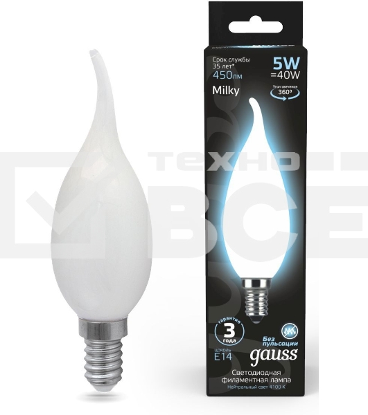 Лампа светодиодная Filament Свеча на ветру E14 5Вт 4100К OPAL GAUSS 104201205