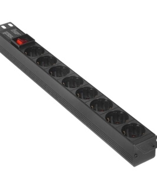 Блок розеток горизонтальный ExeGate ServerPro PDU-19H804 Al-8S-EU2.5-SW, 19', 1U, Алюминий, 8 Schuko, кабель с евровилкой VDE-250V-16A-3*1.5мм2, 2.5 метра, выкл. с подсветкой, черный