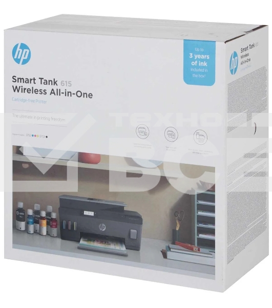 МФУ струйный HP Smart Tank 615 AiO (Y0F71A), A4, цветной, печ. до 22 стр/мин. (ч/б) до 16 стр/мин. (цвет), скан. до 5 стр/мин. (ч/б) 3 стр/мин. (цвет), 1200 x 1200 dpi (ч/б печать, скан.) 1200 x 4800 dpi (печать цвет), USB, Wi-Fi, BlueTooth, Air Print, Mo