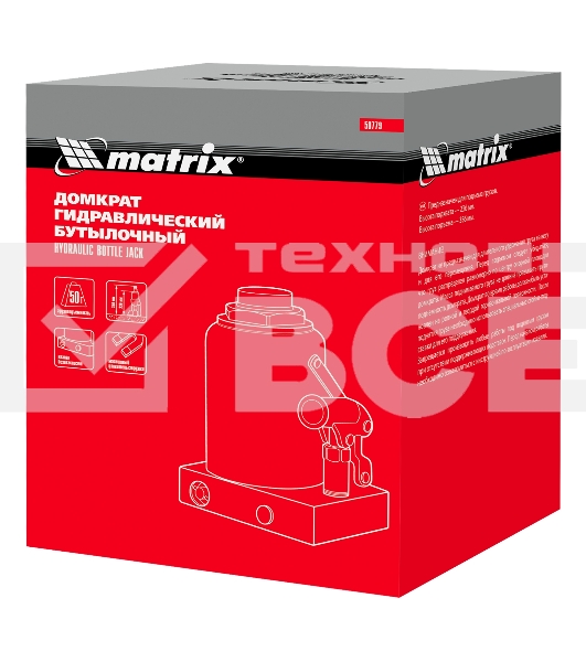 Домкрат гидравлический бутылочный, 50 т, h подъема 236–356 ммMatrix
