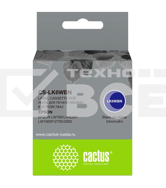 Картридж ленточный Cactus CS-LK6WBN черный, 24мм, 9м для Epson LW700/LW600P/LW1000P/Z700/Z900