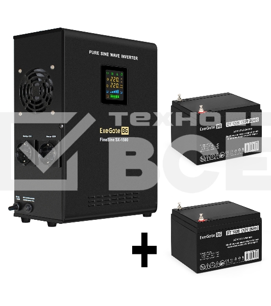 Комплект Источник бесперебойного питания EX295998RUS + батарея 26Aч EX282970RUS 2шт (инвертор, синус, для котла, настенный) ExeGate FineSine SX-1500.LCD.AVR.2SH <1500VA/1050W, чистая синусоида, цветной LCD-дисплей, AVR, 2*Schuko, линейно-интерактивный, кр