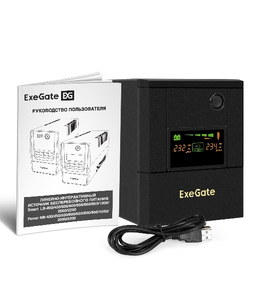 Источник бесперебойного питания ExeGate Smart LB-2200.LCD.AVR.4SH.USB (2200VA/1300W, цветной LCD, AVR, 4*Schuko, USB, батарея 12V 9Ah - 2 шт., металлический корпус, Black)