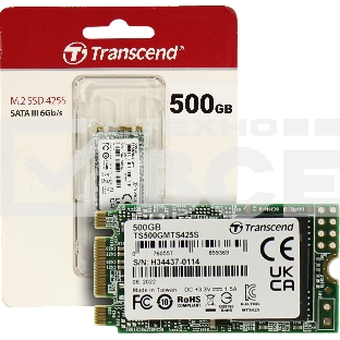 Накопитель SSD M.2 Transcend 500Gb MTS425 TS500GMTS425S (SATA3, up to 530/480MBs, 3D NAND, 180TBW, 22x42мм)