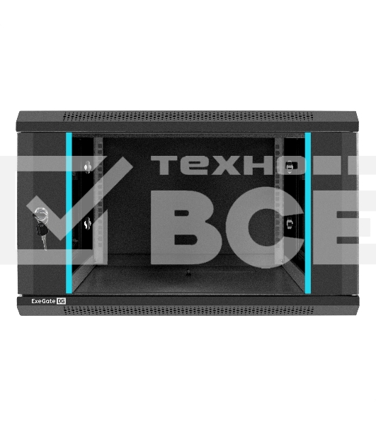Шкаф телекоммуникационный 19' настенный 6U ExeGate EC-WM-6U.600.G.BLACK (19', 6U, 600x600x370 мм (ШхГхВ), передняя дверь закаленное стекло, съемные боковые панели, пыле- и влагозащита IP23, черный RAL 9004)