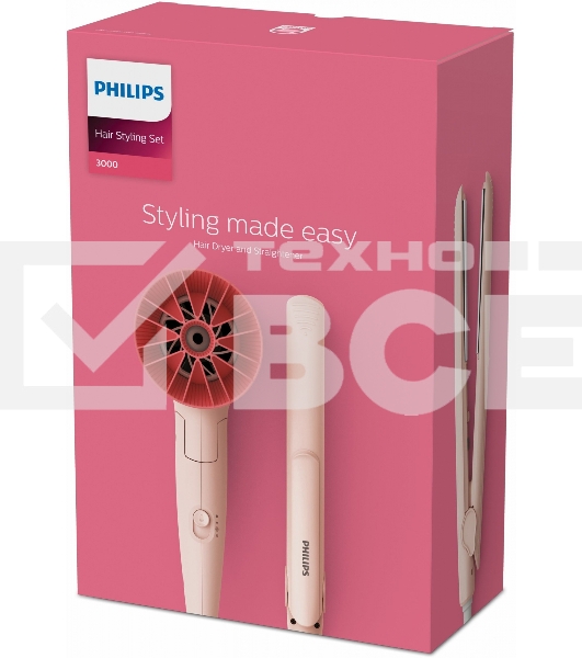 Прибор для укладки волос Philips набор фен + выпрямитель. Цвет розовый