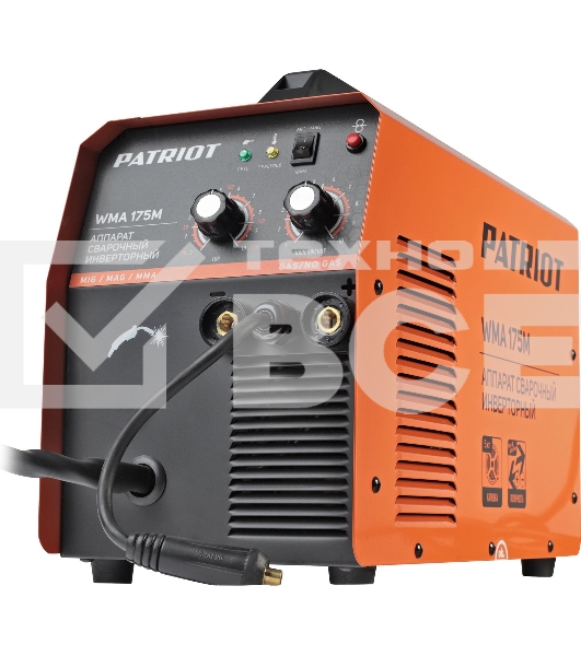 Полуавтомат сварочный инверторный PATRIOT WMA 175M MIG/MAG/MMA, полуавтоматическая сварка в среде газа (MIG/MAG) стальной и флюсовой проволокой 0.6/0.8 мм, сварка электродом (MMA) до 4мм, сварочный ток в режиме MIG: 40-170А; сварочный ток в режиме MMA: 40