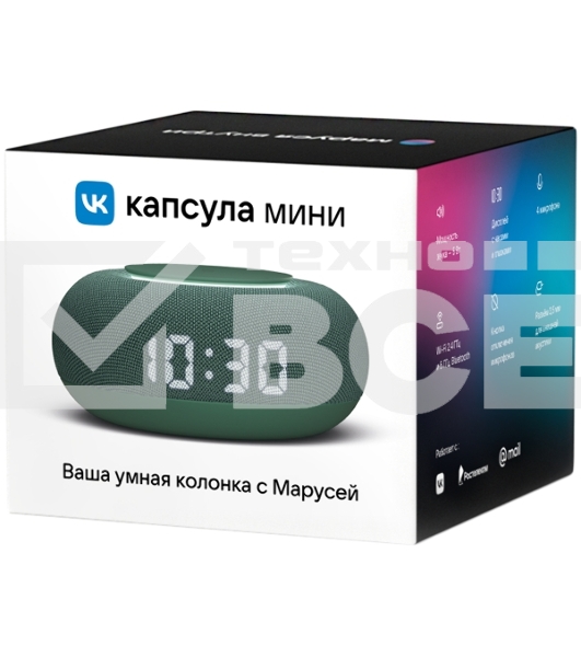 Умная колонка VK Капсула Мини 5Вт, с голосовым ассистентом Маруся, с LED-часами, хвойно зеленый