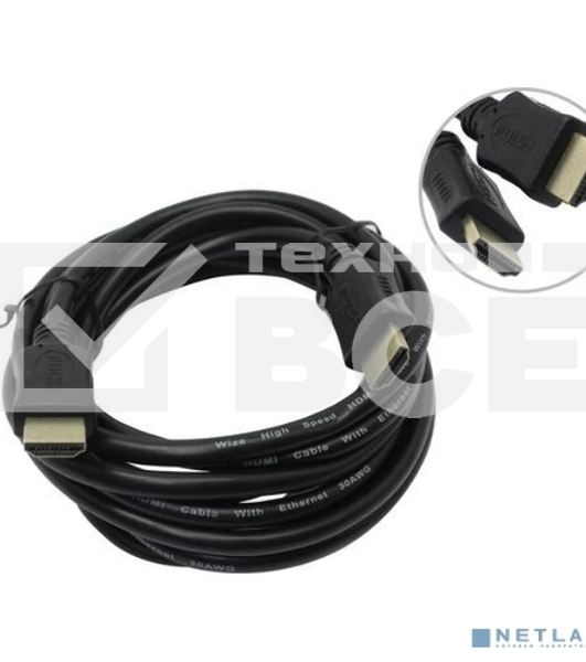 Кабель HDMI C-HM-HM-3M Wize, 3 м, v.2.0, 19M/19M, позол.разъемы, экран, черный, пакет