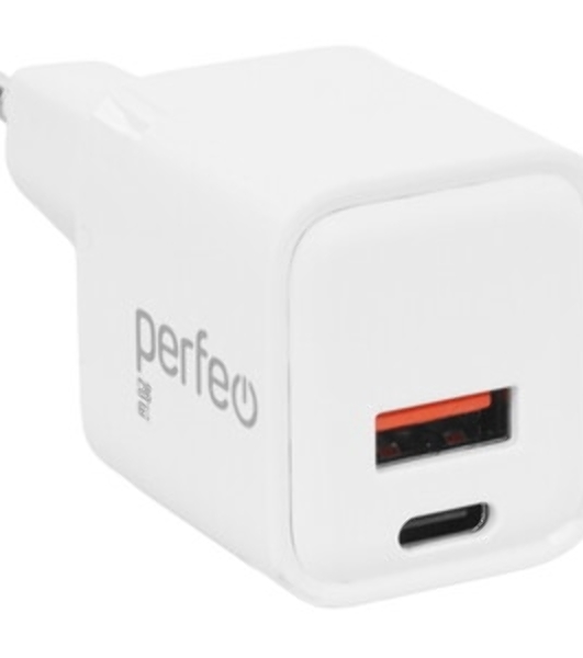 Сетевое зарядное устройство PERFEO с двумя разъемами USB-A+TYPE-C, 20W, серый