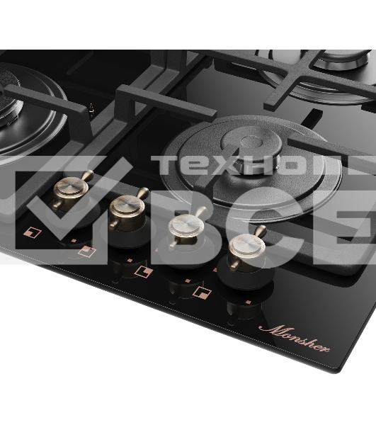 Варочная поверхность MONSHER MGG 67 RN Bronze, Classic, газ, 60 см, газ-контроль, автоматический электроподжиг, чугунные решетки, форсунки под сжиженый газ, поворотные переключатели, цвет черный/бронзовый