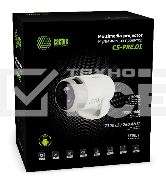 Проектор Cactus CS-PRE.01WT.Full HD-A LCD 7300Lm LS 250Lm ANSI (1920x1080) 1500:1 ресурс лампы:50000часов 1xUSB typeA 1xHDMI 1кг