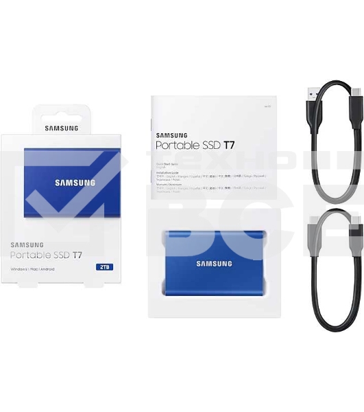 Внешний SSD Samsung T7, 2TB, USB 3.2 Gen 2 Type-C, R/W 1050/1000, синий
