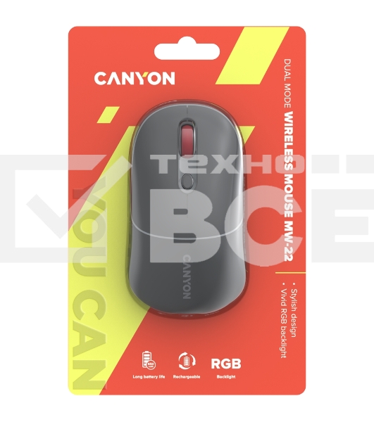 Мышь беспроводная Canyon MW-22 темно-серый, 1600 dpi, радиоканал, Bluetooth, USB, кнопки - 4