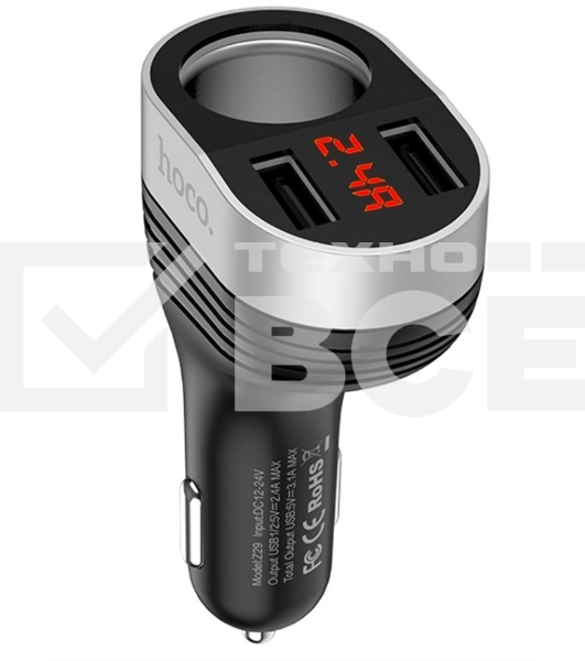 Автомобильная зарядка HOCO Z29 Regal, 2xUSB + прикуриватель, 3.1A, 96W, черный