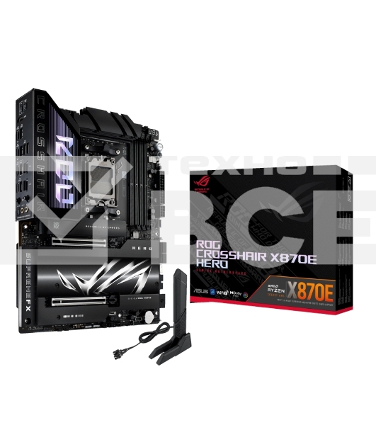 Материнская плата ASUS ROG CROSSHAIR X870E HERO, AM5, AMD X870E, 4xDDR5, 4xSATA, 5xM.2, 2xPCI-E 5.0 x16, 1xHDMI, 2xUSB-C (видео), 2x 5Gb LAN, 6xUSB-A 3.2 Gen 2, 2xUSB-C 3.2 Gen 2, 2xUSB4, 2x3.5 мм, 7.1, ATX