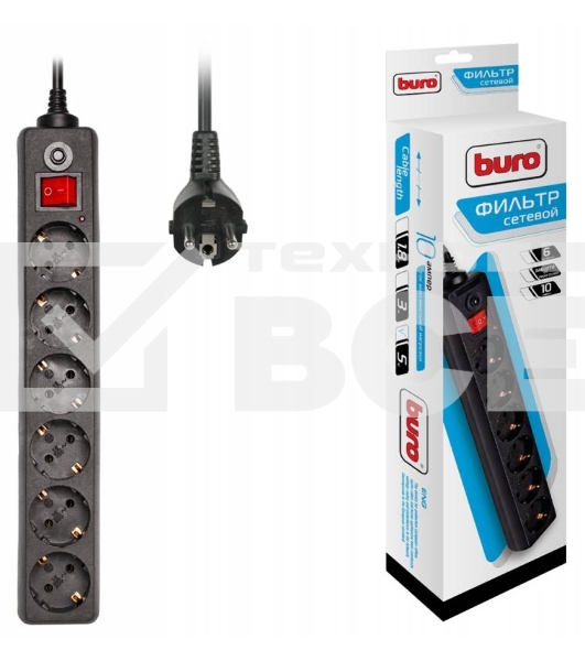 Сетевой фильтр BURO Сетевой фильтр, 6 розеток, 5 метра, (600SH-5-B), черный 992278