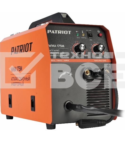 Полуавтомат сварочный инверторный PATRIOT WMA 175M MIG/MAG/MMA, полуавтоматическая сварка в среде газа (MIG/MAG) стальной и флюсовой проволокой 0.6/0.8 мм, сварка электродом (MMA) до 4мм, сварочный ток в режиме MIG: 40-170А; сварочный ток в режиме MMA: 40