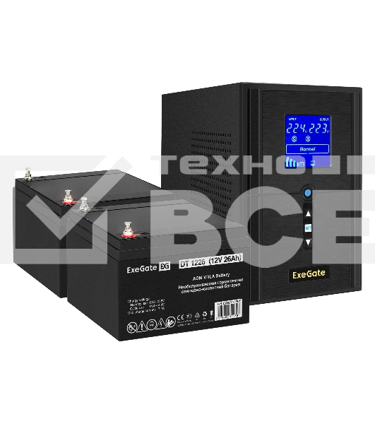 Комплект ИБП EX295988RUS + батарея 26Aч EX282970RUS 2шт (инвертор, синус, для котла) ExeGate SineTower SZ-1500.LCD.AVR.2SH.1C13.USB <1500VA/1200W, чистый синусоида, LCD дисплей, AVR, 2*Schuko+1*C13, USB, линейно-интерактивный, Black> + батарея ExeGate DT 