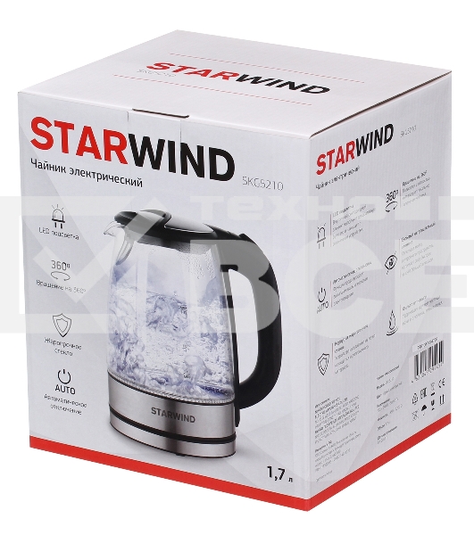 Чайник электрический Starwind SKG5210 1.7л. 2200Вт черный/серебристый (корпус: стекло)