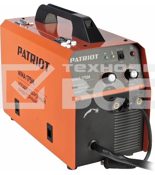 Полуавтомат сварочный инверторный PATRIOT WMA 175M MIG/MAG/MMA, полуавтоматическая сварка в среде газа (MIG/MAG) стальной и флюсовой проволокой 0.6/0.8 мм, сварка электродом (MMA) до 4мм, сварочный ток в режиме MIG: 40-170А; сварочный ток в режиме MMA: 40