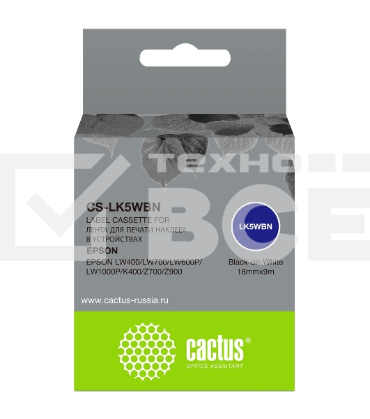 Картридж ленточный Cactus CS-LK5WBN черный шрифт, белый фон (18 мм, 9 м) для Epson LW300/LW400/LW700/LW600P/LW1000P