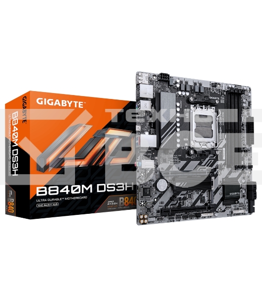 Материнская плата Gigabyte B840M DS3H, AM5, AMD B840, 4xDDR5, 4xSATA, 2xM.2, 1xPCIe 4.0 x16, 1xPCIe 3.0 x4, 2xDP, 1xHDMI, 1x2.5Gb LAN, 3xUSB-A 5Gbps, 8xUSB-A 2.0, 1xUSB-C 5Gbps, 3x3.5 мм, 7.1, mATX