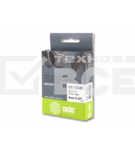 Картридж ленточный Cactus CS-TZ221 9 мм, 8 м, черный шрифт, белый фон, для BROTHER 1010/1280/1280VP/2700VP