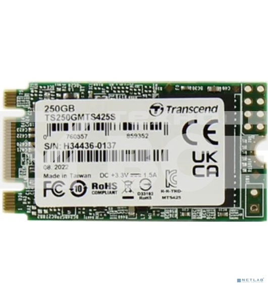 Накопитель SSD M.2 Transcend 250Gb MTS425 TS250GMTS425S (SATA3, up to 500/330MBs, 3D NAND, 90TBW, 22x42мм)