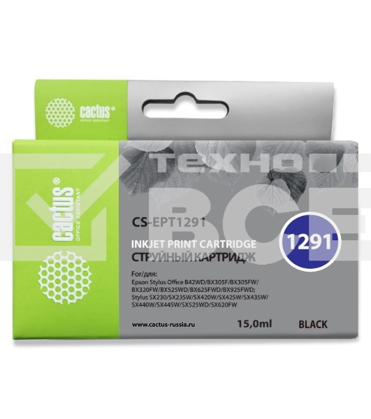 Картридж струйный Cactus CS-EPT1291 (T1291) черный (15 мл) для Epson Stylus Office B42/BX305/BX305F/BX320/BX525/BX625/SX420/SX425/SX525/SX620