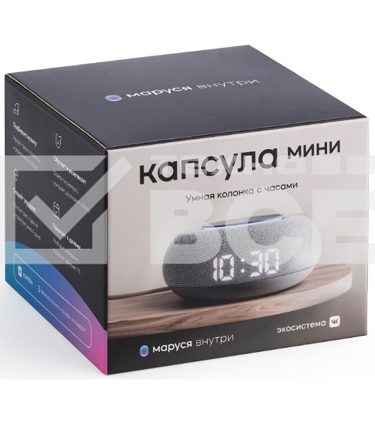 Умная колонка VK Капсула Мини 5Вт, с голосовым ассистентом Маруся, с LED-часами, светло-серый
