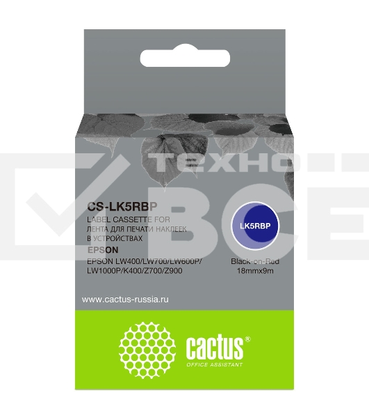 Картридж ленточный Cactus CS-LK5RBP черный шрифт, красный фон (18 мм, 9 м) для Epson LW400/LW700/LW600P/LW1000P/K400/Z700/Z900