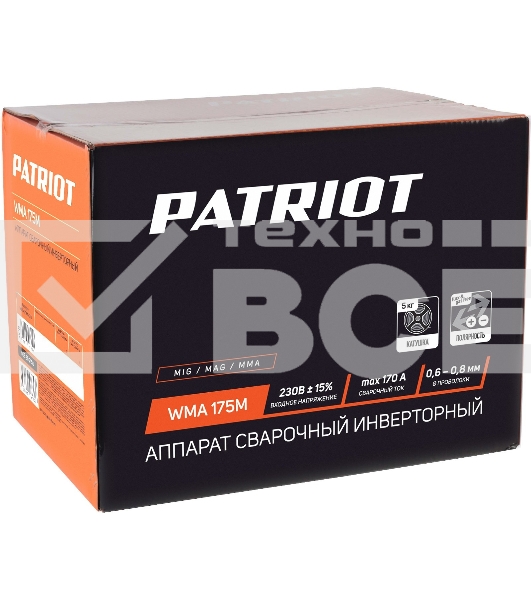 Полуавтомат сварочный инверторный PATRIOT WMA 175M MIG/MAG/MMA, полуавтоматическая сварка в среде газа (MIG/MAG) стальной и флюсовой проволокой 0.6/0.8 мм, сварка электродом (MMA) до 4мм, сварочный ток в режиме MIG: 40-170А; сварочный ток в режиме MMA: 40