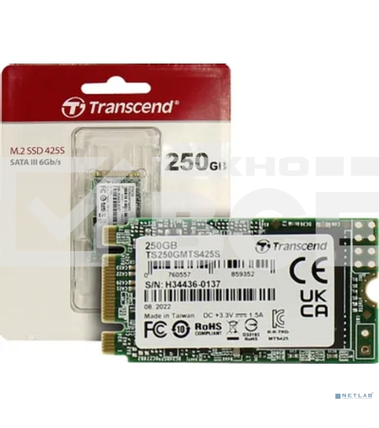 Накопитель SSD M.2 Transcend 250Gb MTS425 TS250GMTS425S (SATA3, up to 500/330MBs, 3D NAND, 90TBW, 22x42мм)