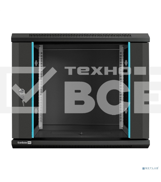 Шкаф телекоммуникационный 19' настенный 9U ExeGate EC-WM-9U.600.G.BLACK (19', 9U, 600x600x500мм (ШхГхВ), передняя дверь закаленное стекло, съемные боковые панели, пыле- и влагозащита IP23, черный RAL 9004)