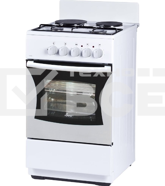 Плита комбинированная Flama RK 2201 W белый, конфорок 2 газовых и 2 электрических, духовка 50 л, 50 см x 85 см x 54 см