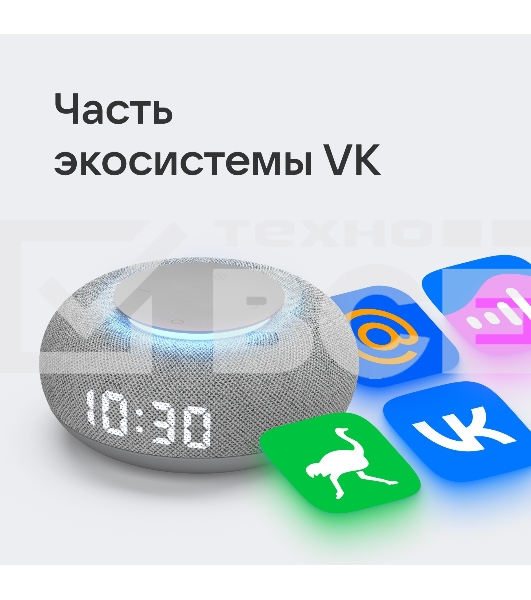 Умная колонка VK Капсула Мини 5Вт, с голосовым ассистентом Маруся, с LED-часами, светло-серый