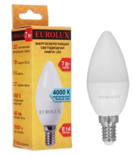 Лампа светодиодная EUROLUX LL-E-C37-7W-230-4K-E14 свеча