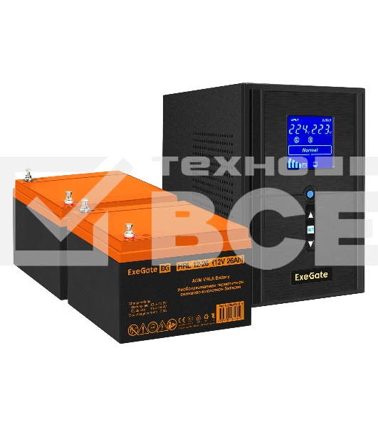 Комплект ИБП EX295988RUS + батарея 26Aч EX285663RUS 2шт (инвертор, синус, для котла) ExeGate SineTower SZ-1500.LCD.AVR.2SH.1C13.USB <1500VA/1200W, чистый синусоида, LCD дисплей, AVR, 2*Schuko+1*C13, USB, линейно-интерактивный, Black> + батарея ExeGate HRL