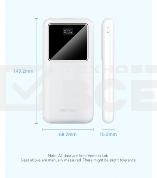 Внешний аккумулятор Vention 10000mAh(M/C-A/A)22.5W Белый с LED Дисплеем