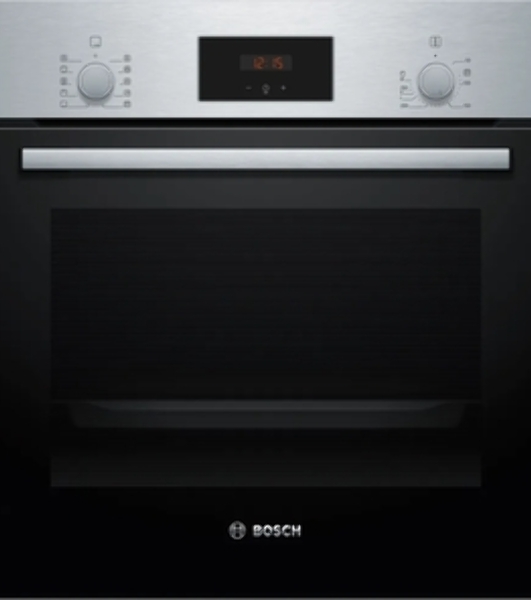 Духовой шкаф Bosch HBF512BS1T Serie 2, нержавеющая сталь, класс энергоэффективности А, 7 режимов, 3-х слойное остекление, LED-дисплей, утапливаемые переключатели, галогенное освещение, проволочные направляющие, сделано в Турции,