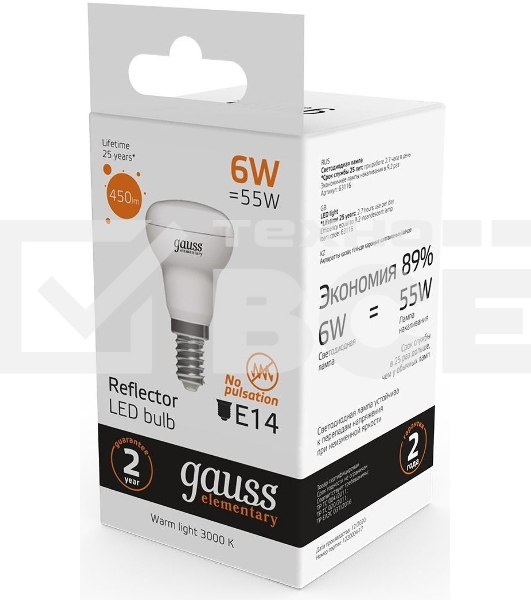 Лампа светодиодная Gauss Elementary 63116 6Вт цок.:E14 рефлек. 220B 3000K св.свеч.бел.теп. (упак.:10шт)