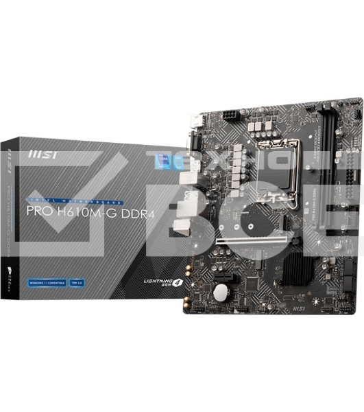 Материнская плата MSI PRO H610M-G, LGA 1700, Intel H610, 2xDDR5, 4xSATA, 1xM.2, 1xPCIe 4.0 x16, 1xPCIe 3.0 x1, 1xHDMI, 1xDP, 1xVGA, 1xRJ45 1Gb, 2xUSB-A 3.2 Gen 1, 4xUSB-A 2.0, 3x3.5мм, 7.1, mATX