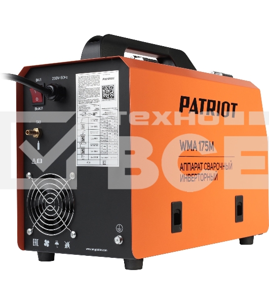 Полуавтомат сварочный инверторный PATRIOT WMA 175M MIG/MAG/MMA, полуавтоматическая сварка в среде газа (MIG/MAG) стальной и флюсовой проволокой 0.6/0.8 мм, сварка электродом (MMA) до 4мм, сварочный ток в режиме MIG: 40-170А; сварочный ток в режиме MMA: 40