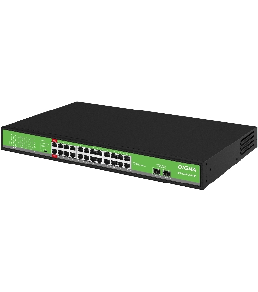 Коммутатор Digma DSP224G-2S-R400 (L2) 24x1Gbит/с 2SFP 24PoE 24PoE+ 2PoE++ 400W неуправляемый