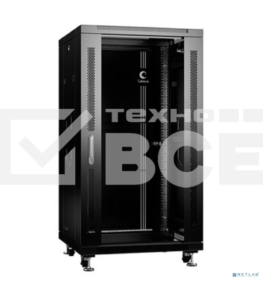 Шкаф телекоммуникационный напольный Cabeus, IP20, 22U, 1166х600х800 мм (ВхШхГ), дверь: стекло, боковая панель: сплошная, разборный, цвет: чёрный