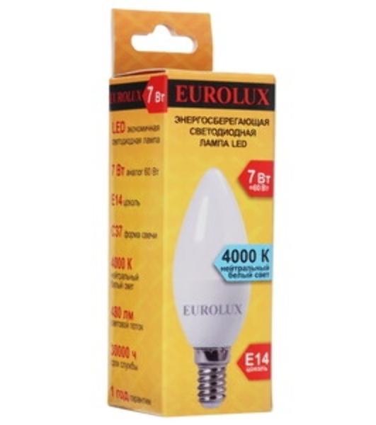 Лампа светодиодная EUROLUX LL-E-C37-7W-230-4K-E14 свеча